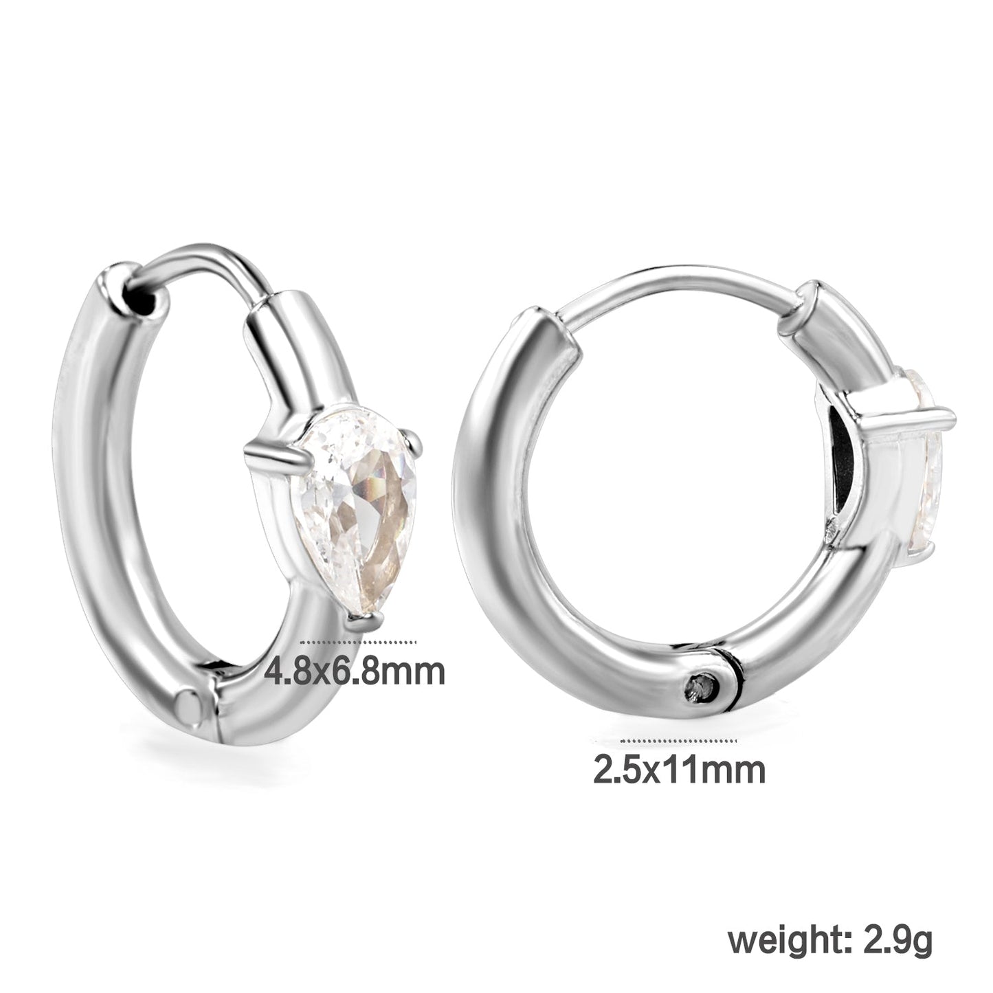 4.8*6.4-6.8mm teardrop shaped three claw white zirconium earrings 2.2-2.5*inner diameter 10-11mm steel color/golden color