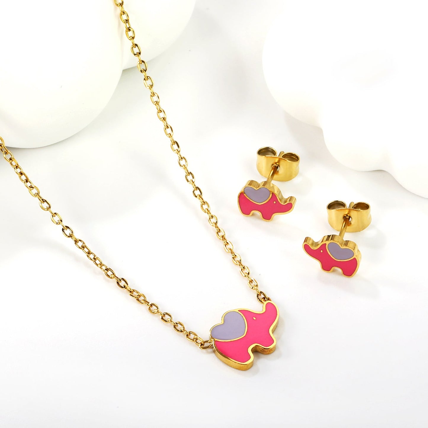 8.6*6.4mm small elephant with pink oil drop earrings +12.2*9mm pendant set cross 0.3mm*45+5cm+6mm round plate steel color / gold color