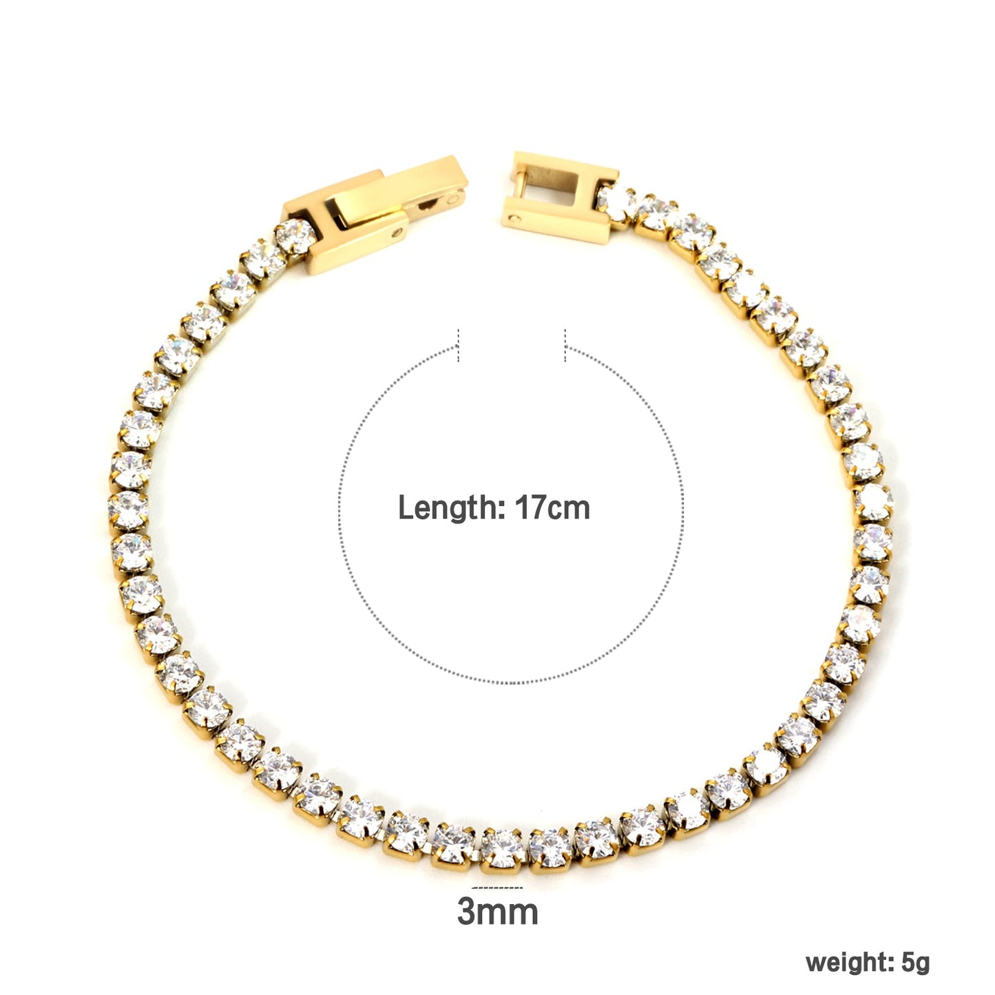 2mm/3mm Round White/Black Crystal Zirconia 17cm Clasp Bracelet Steel/Golden