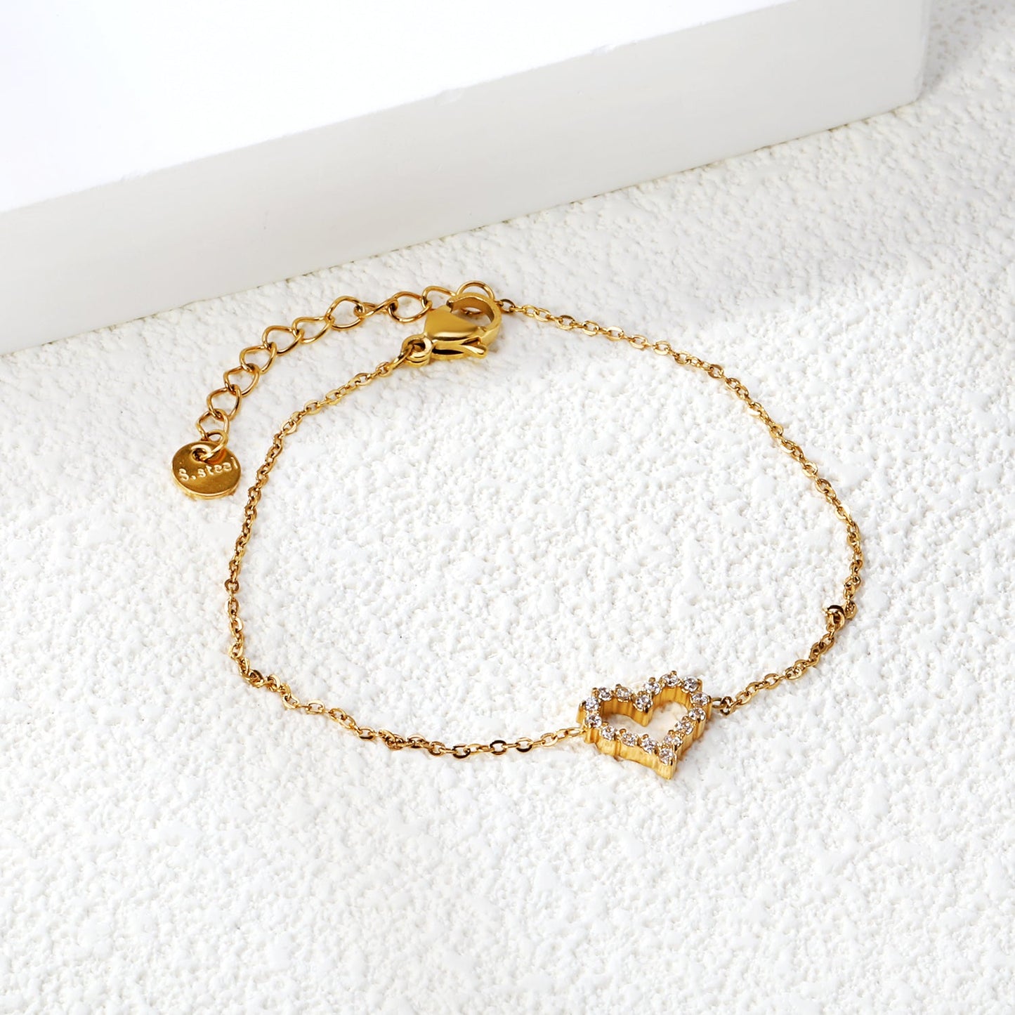 11.2*10mm Skeletonized Heart CNC White Zirconia Circle Accessories Bracelet 17+3cm+6mm Round Tail Plate Steel Color / Gold