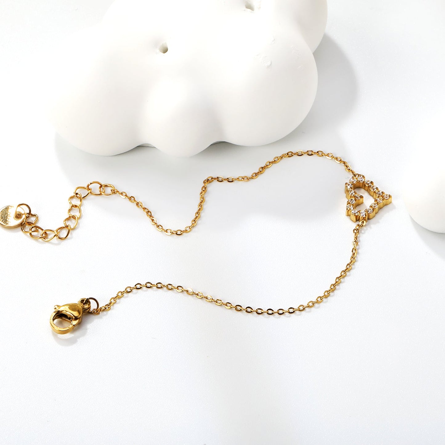 11.2*10mm Skeletonized Heart CNC White Zirconia Circle Accessories Bracelet 17+3cm+6mm Round Tail Plate Steel Color / Gold