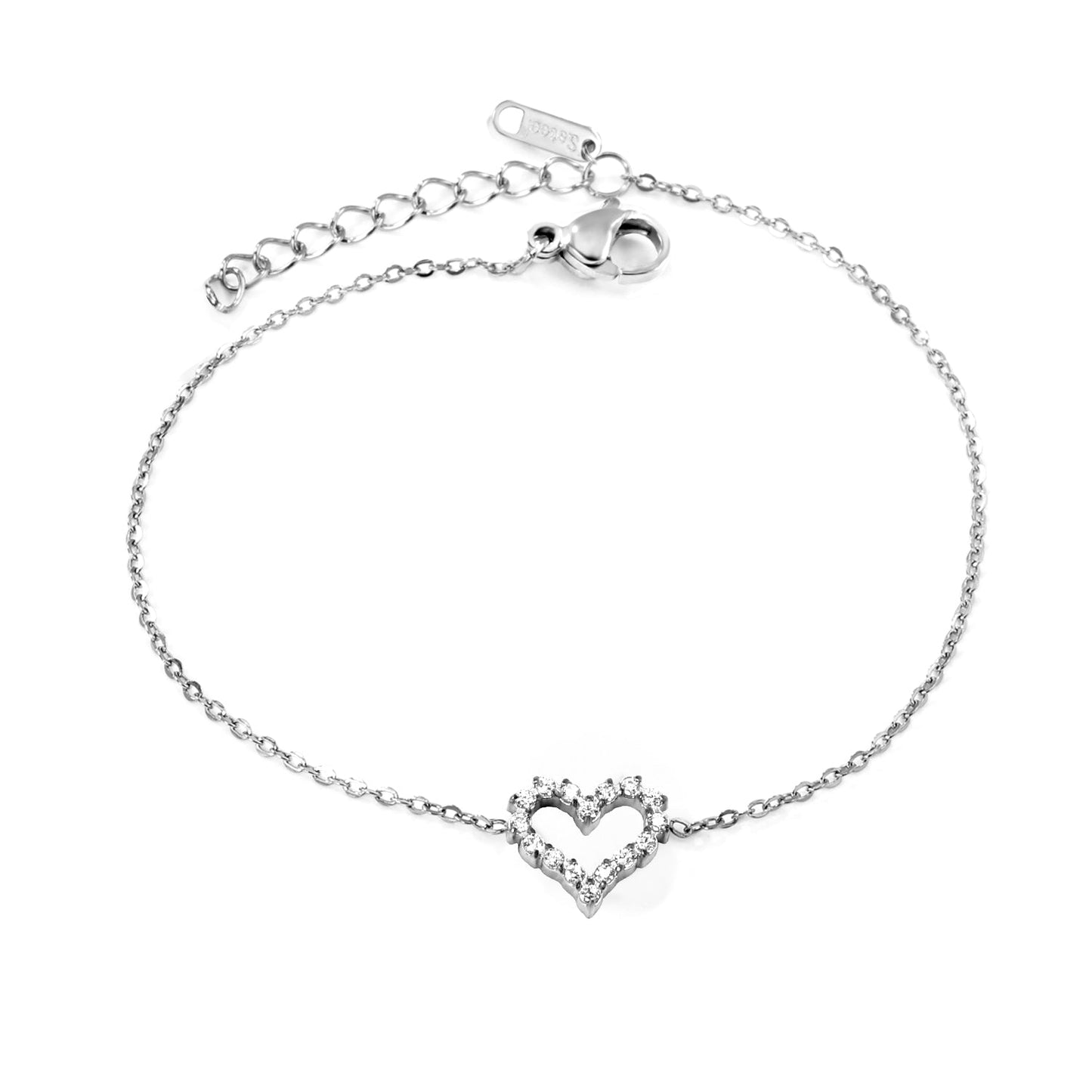11.2*10mm Skeletonized Heart CNC White Zirconia Circle Accessories Bracelet 17+3cm+6mm Round Tail Plate Steel Color / Gold