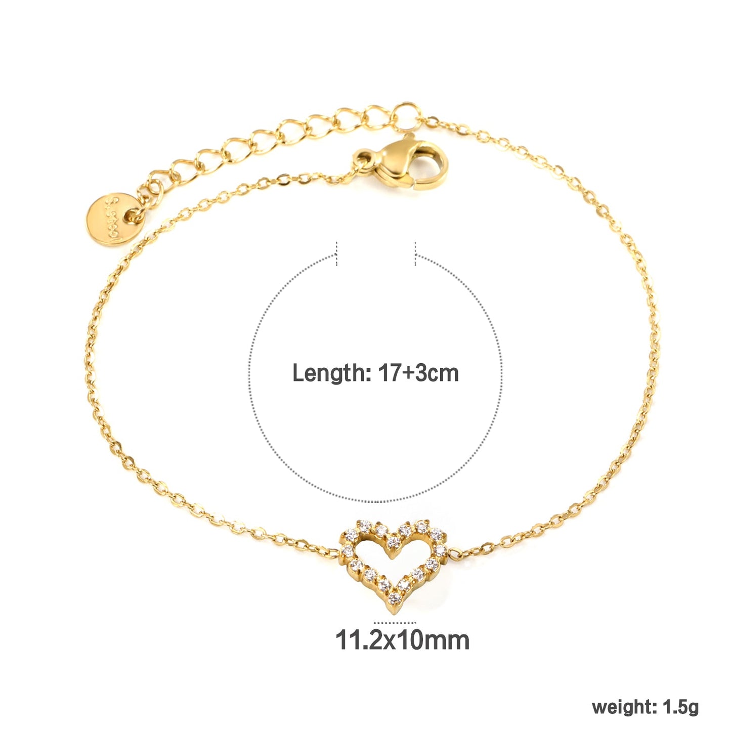 11.2*10mm Skeletonized Heart CNC White Zirconia Circle Accessories Bracelet 17+3cm+6mm Round Tail Plate Steel Color / Gold