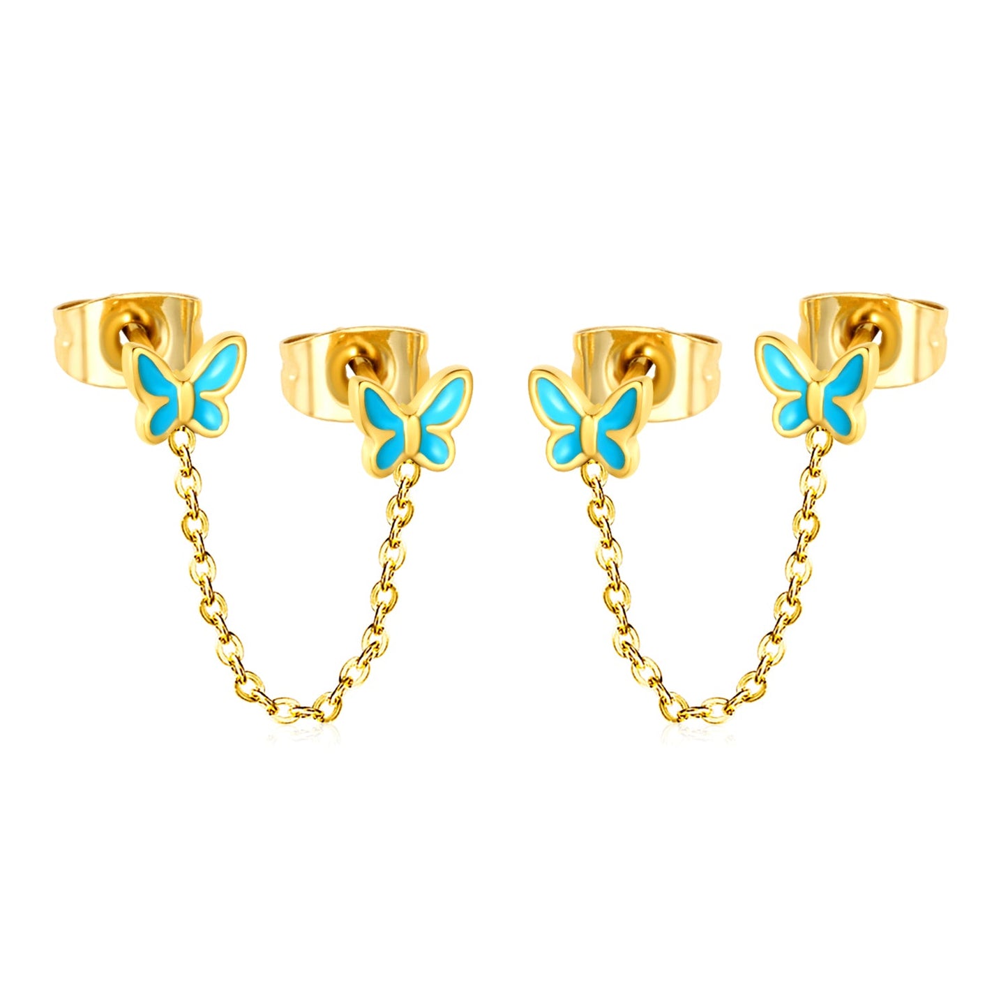 5.4*4.6mm Butterfly with Light Blue Drip Oil+03 Cross Chain 30mm Accessories Earrings Gold color