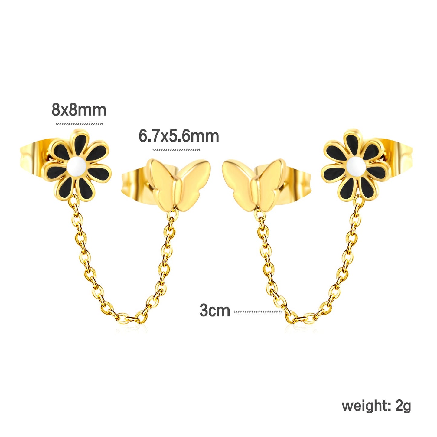 8mm black flower + 6.7*5.6mm butterfly + 03 cross chain 30mm accessories earrings gold color