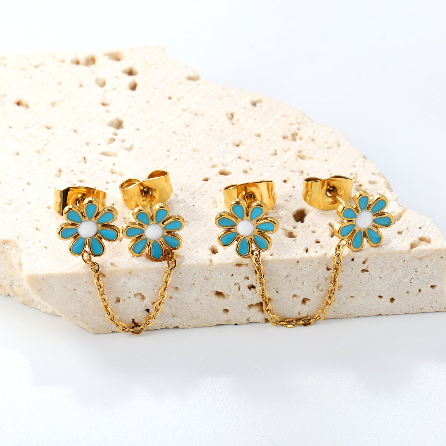???8mm six petal flower white/blue oil drops +03 cross chain 30mm accessories earrings gold color??¨¤