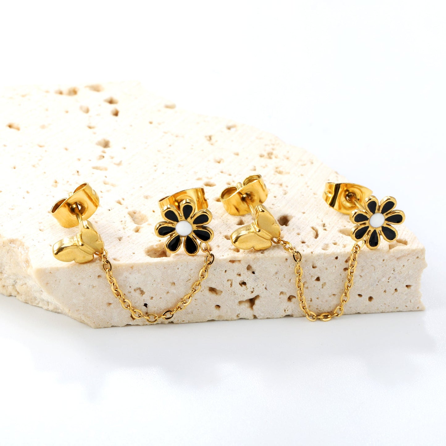 8mm black flower + 6.7*5.6mm butterfly + 03 cross chain 30mm accessories earrings gold color