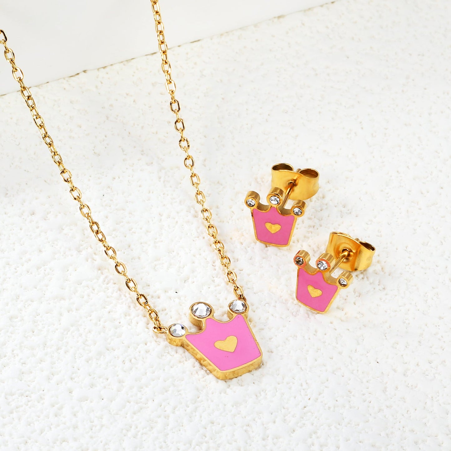 8*8.4mm Crown with Pink Oil Drip Earrings + 11.7*12mm Pendant Necklace Set Cross 0.35 45+5cm+6mm Round Tail Plaque Set Steel Color / Gold