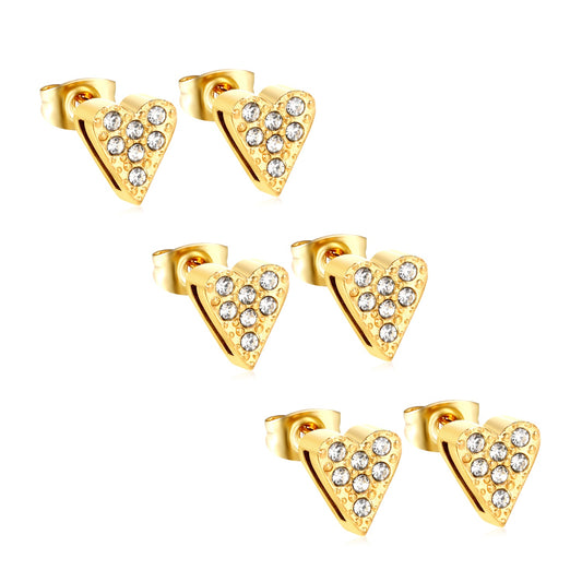 3 pairs of 8*9mm heart-shaped white diamond stud earrings Gold