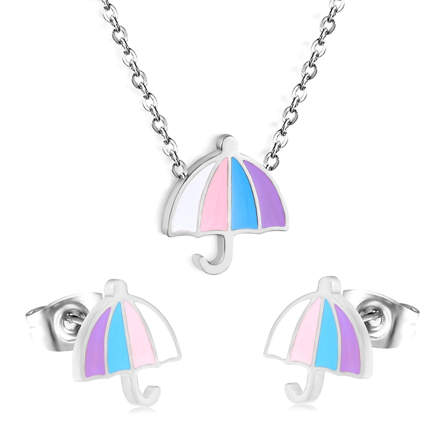 Umbrella set steel color/golden stud earrings: 9.3*10.3mm pendant: 11*12.1mm0.3 cross chain 42+5cm+6mm round plate