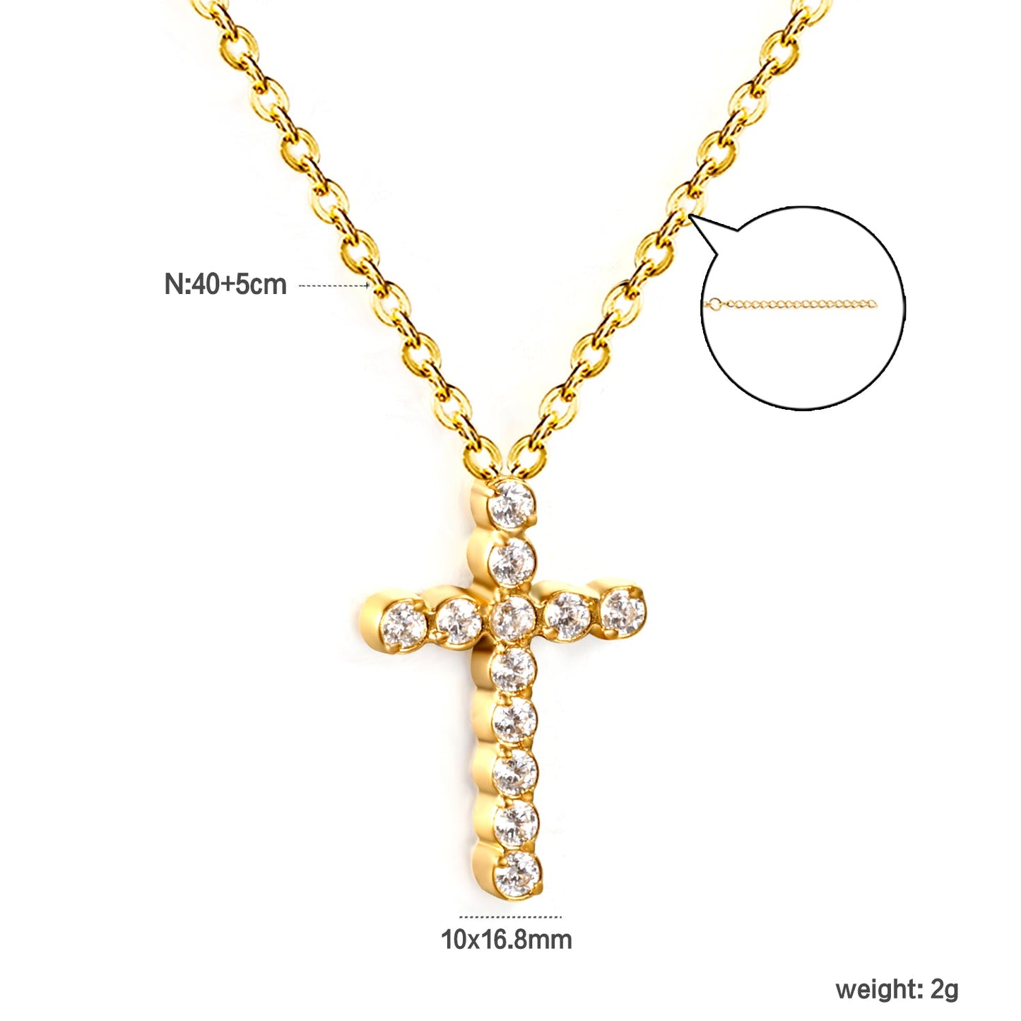 10x16.8mm cross CNC white zirconia pendant 0.3 cross chain 40+5cm+6mm round pendant necklace gold
