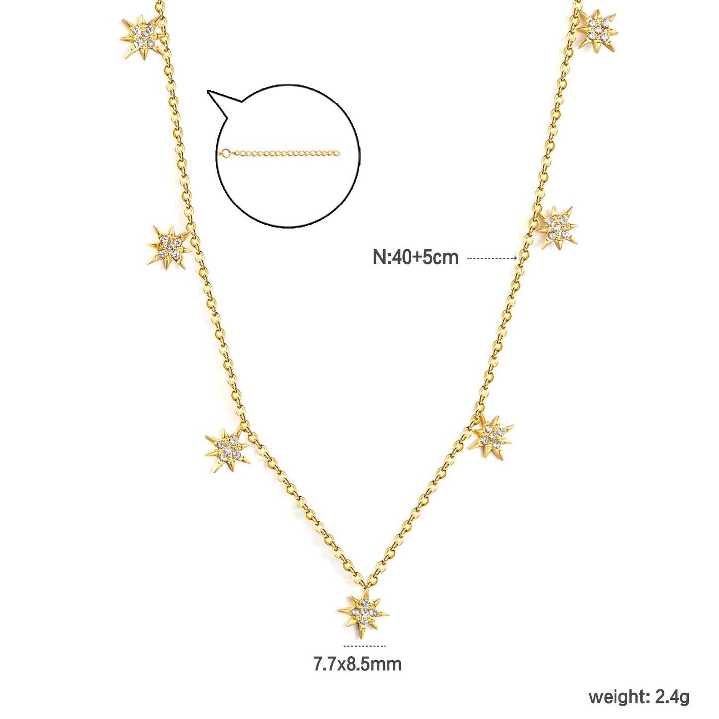 7.7 x 8.5 mm eight-pointed star accessory (5 white zirconia stones) 0.3 cross chain 40+5 cm + 6 mm round pendant necklace gold