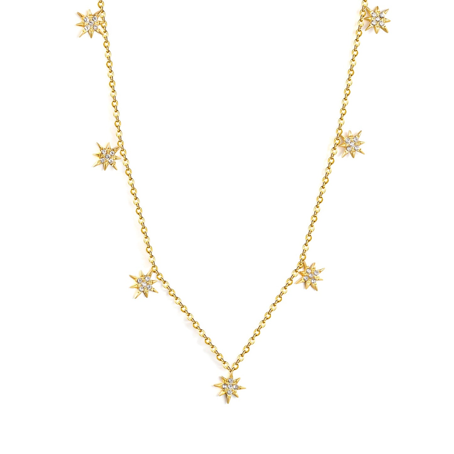 7.7 x 8.5 mm eight-pointed star accessory (5 white zirconia stones) 0.3 cross chain 40+5 cm + 6 mm round pendant necklace gold