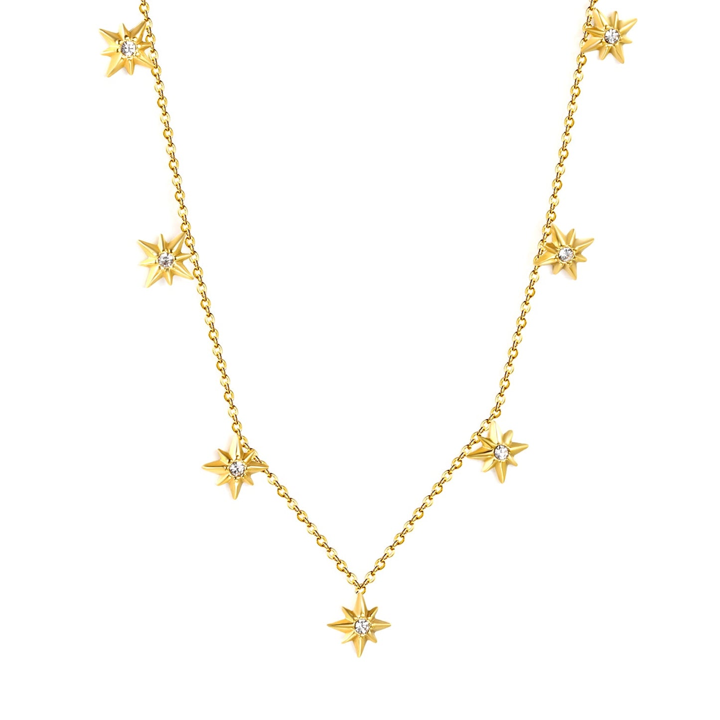 9.2 x 10mm eight-pointed star accessory (1 white zirconia), 0.3mm cross chain 40+5cm, 6mm round tag necklace, gold