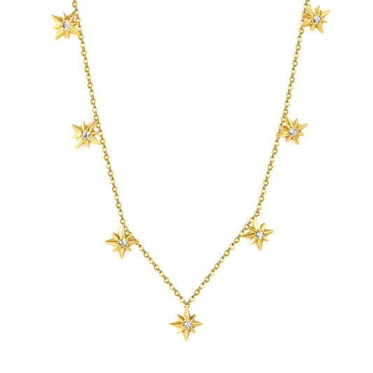 9.2 x 10mm eight-pointed star accessory (1 white zirconia), 0.3mm cross chain 40+5cm, 6mm round tag necklace, gold