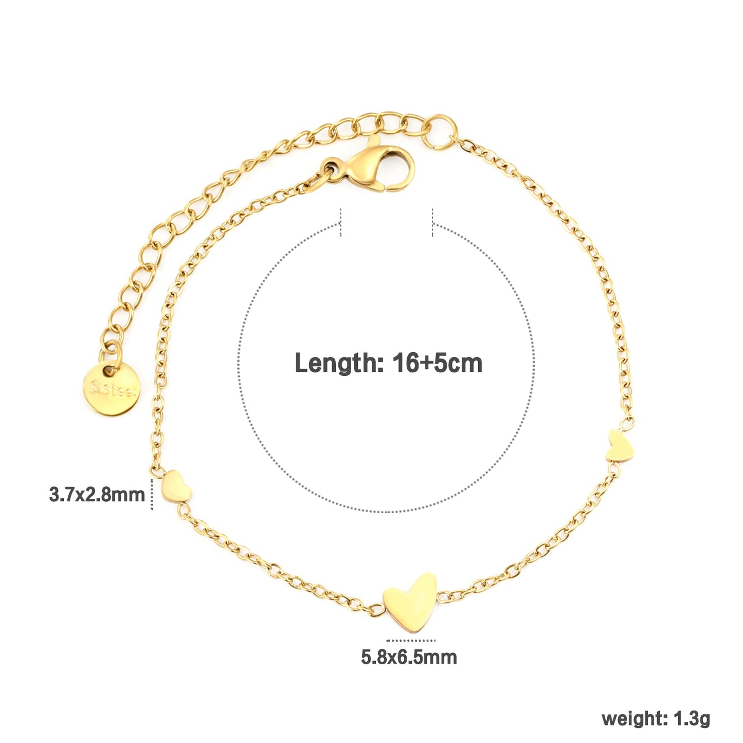 5.8*6.5mm 1 crooked heart + 3.7*2.8mm 2 heart accessories 0.3 cross chain 16+5cm+6mm round plaque bracelet gold color