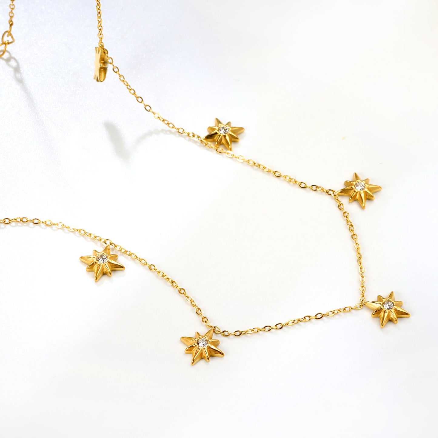 9.2 x 10mm eight-pointed star accessory (1 white zirconia), 0.3mm cross chain 40+5cm, 6mm round tag necklace, gold