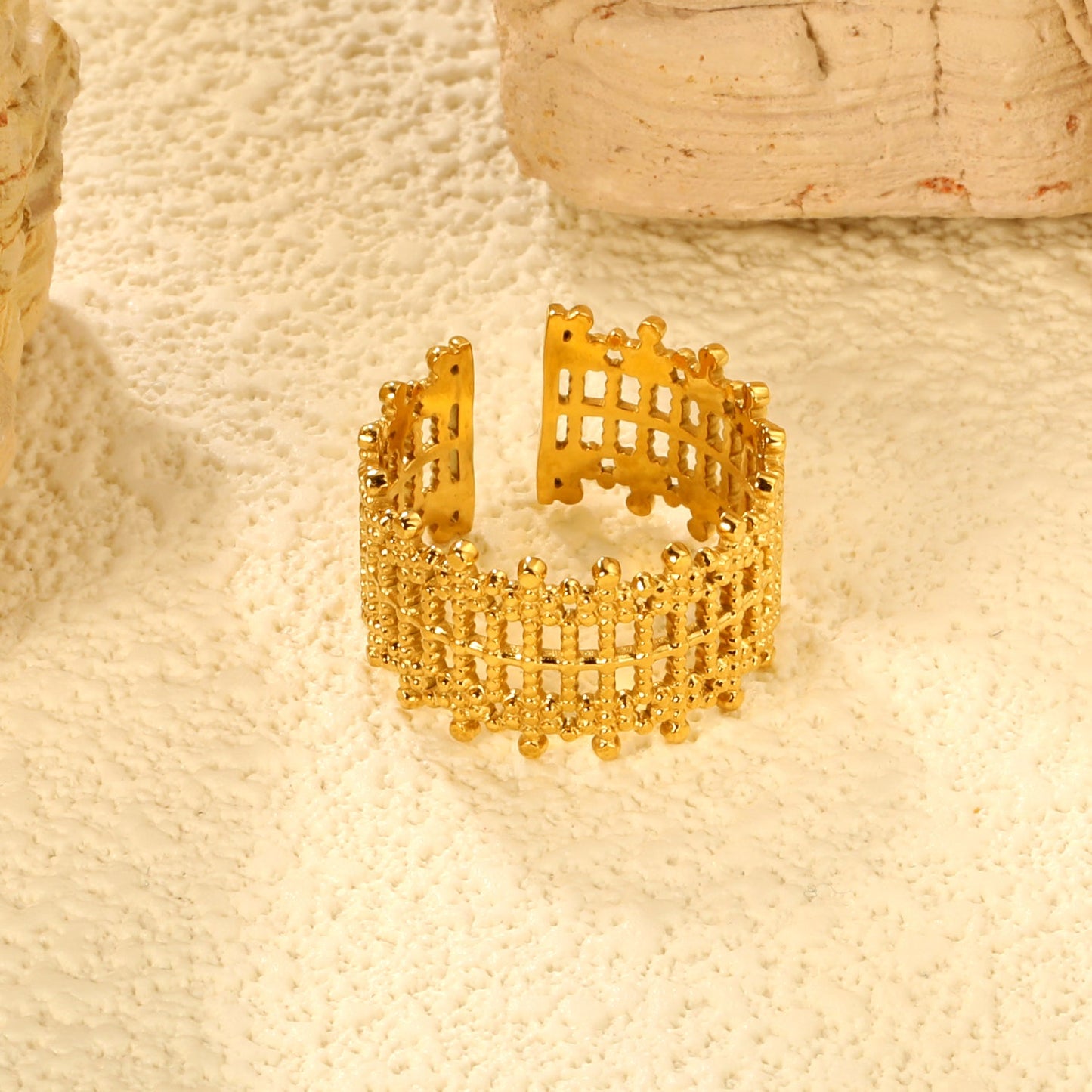 Golden Grid Pattern Stainless Steel Open Ring