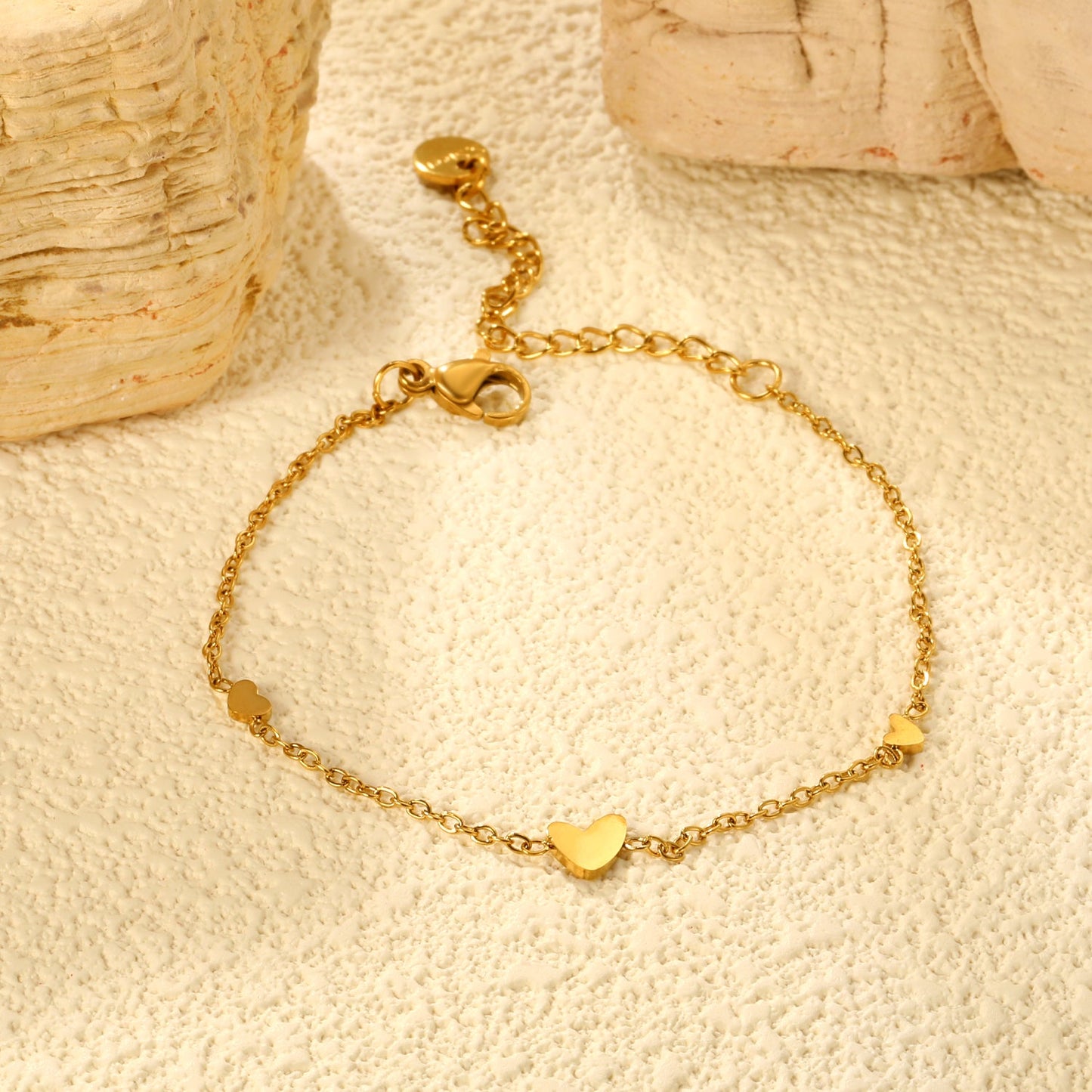 5.8*6.5mm 1 crooked heart + 3.7*2.8mm 2 heart accessories 0.3 cross chain 16+5cm+6mm round plaque bracelet gold color
