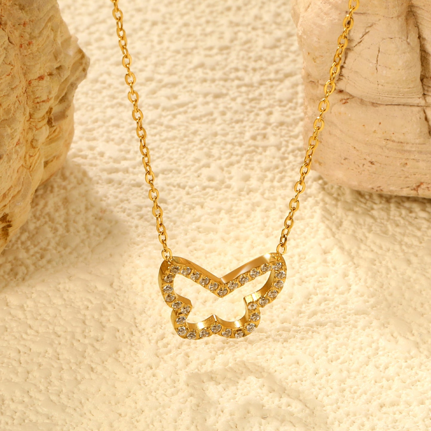 15x13mm butterfly CNC white zirconia pendant 0.3 cross chain 40+5cm+6mm necklace gold