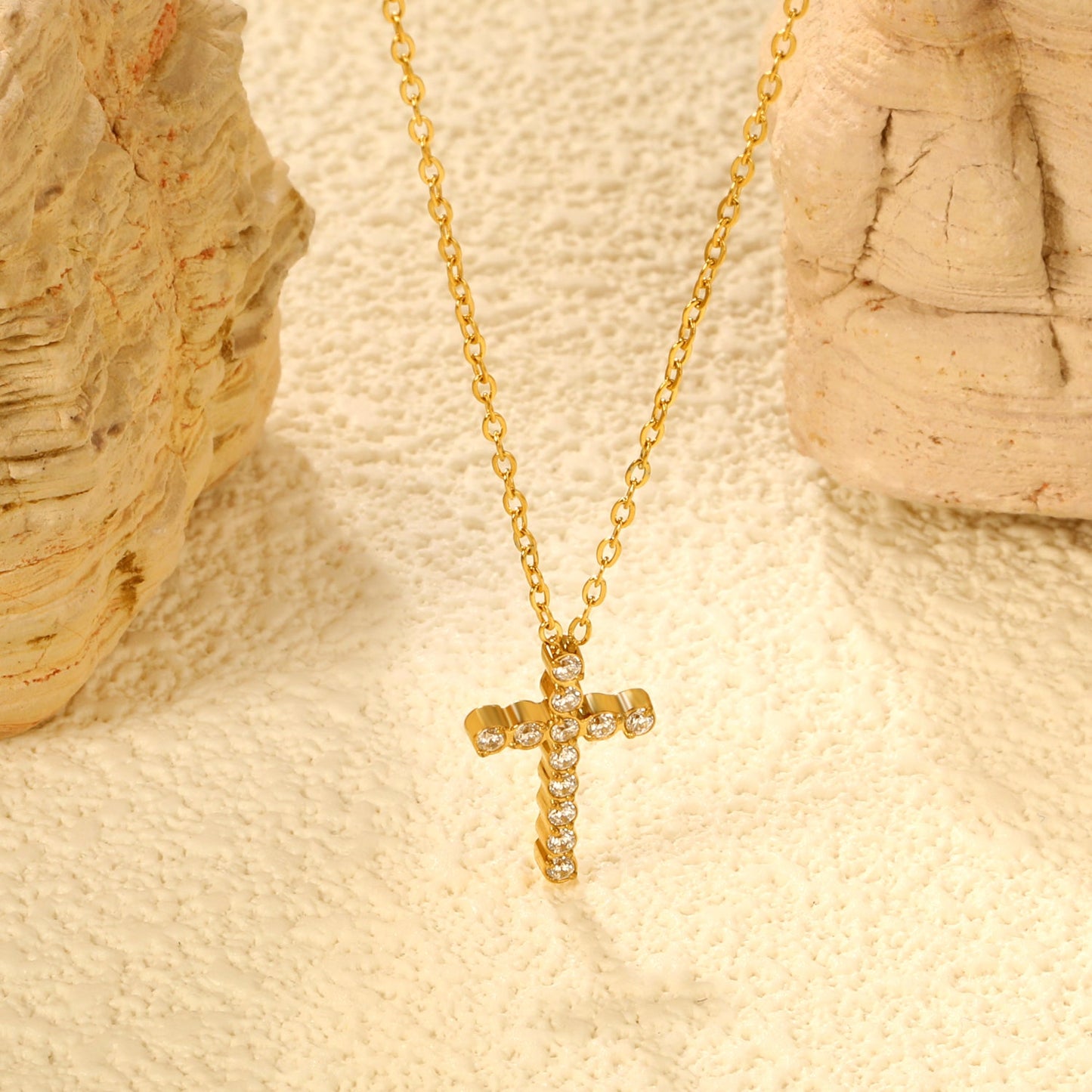 10x16.8mm cross CNC white zirconia pendant 0.3 cross chain 40+5cm+6mm round pendant necklace gold