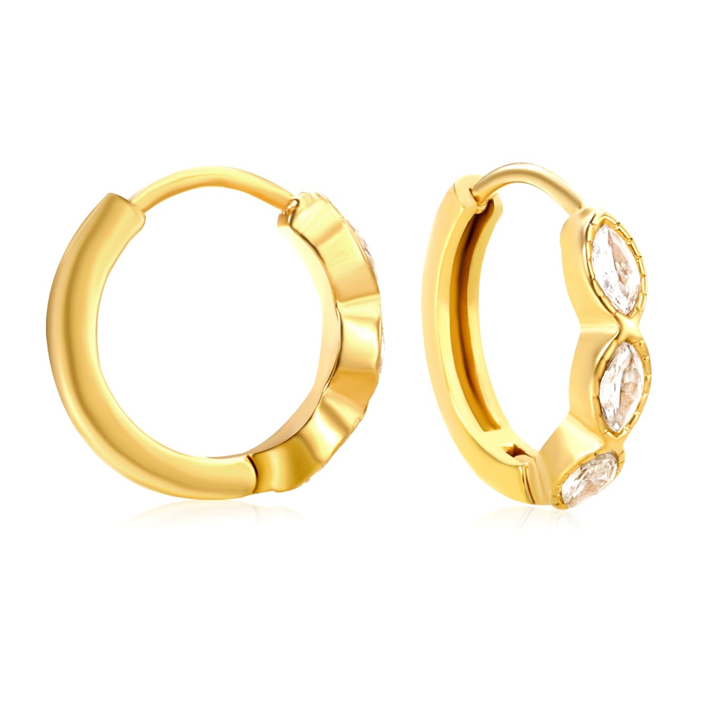 2.9 x 12mm three oval-shaped white zirconia earrings with 2.2 x 10mm inner diameter ear hooks, gold color
