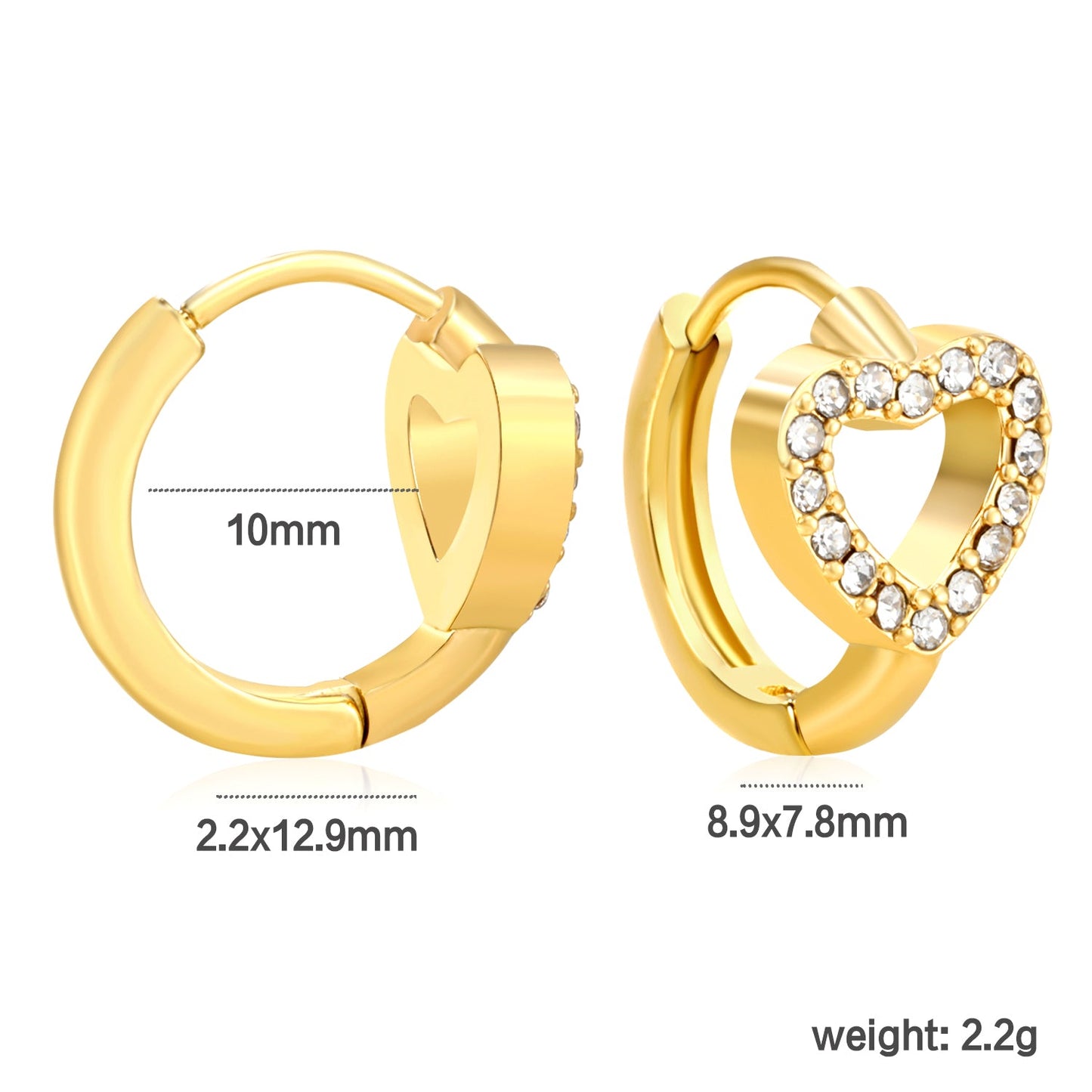 8.9 x 7.8mm heart-shaped openwork with white zirconia, ear hook 2.2 x inner diameter 10mm, gold earrings