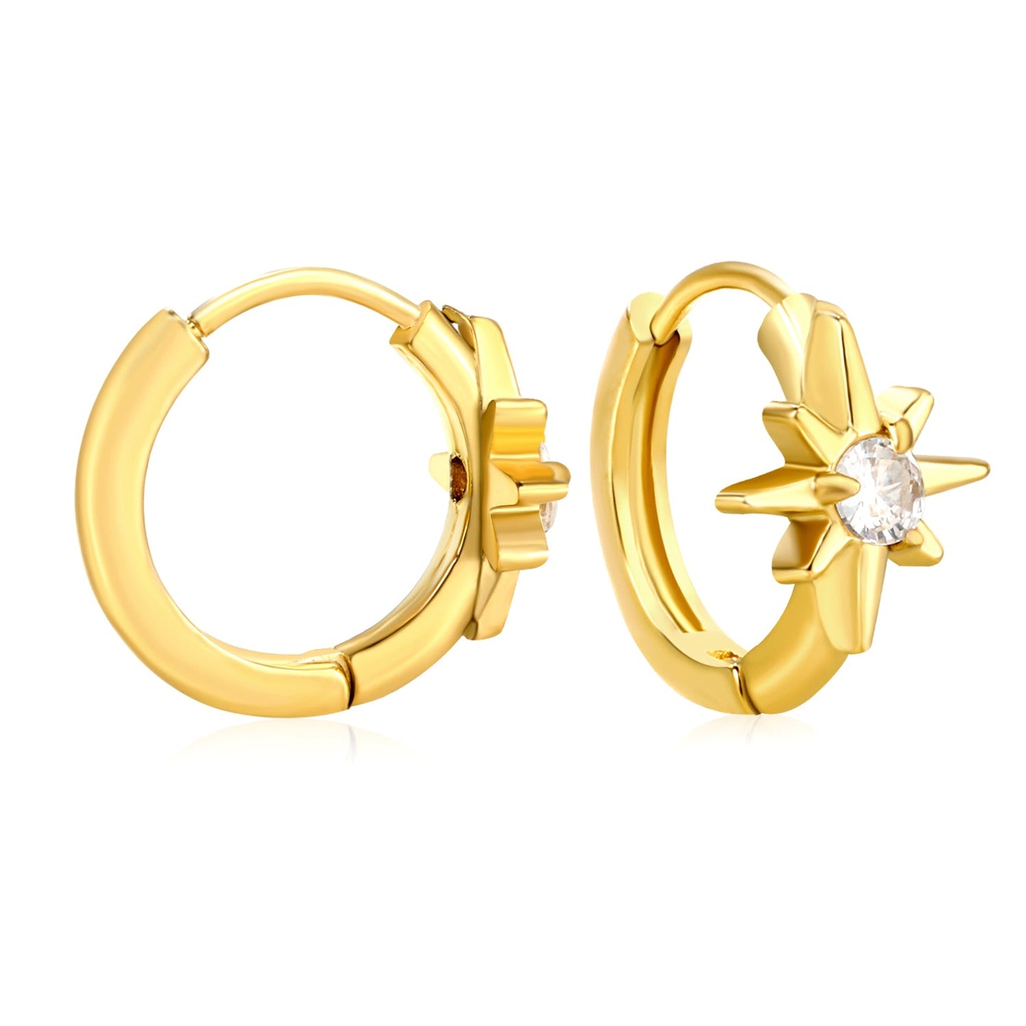 8.9 x 9.6mm eight-pointed star with white zirconia earring with 2.2mm earring post and 10mm inner diameter, gold-colored