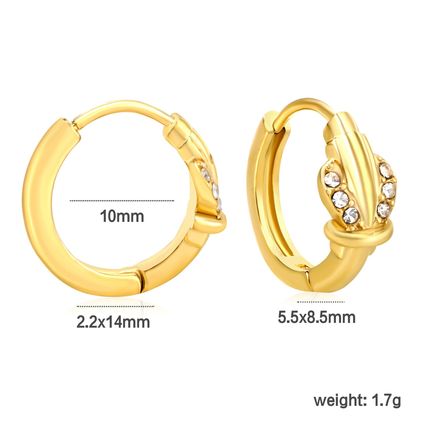 5.5 x 8.5mm cactus-shaped imitation white Czech crystal earring with a 2.2mm earring post and a 10mm inner diameter, gold-colored