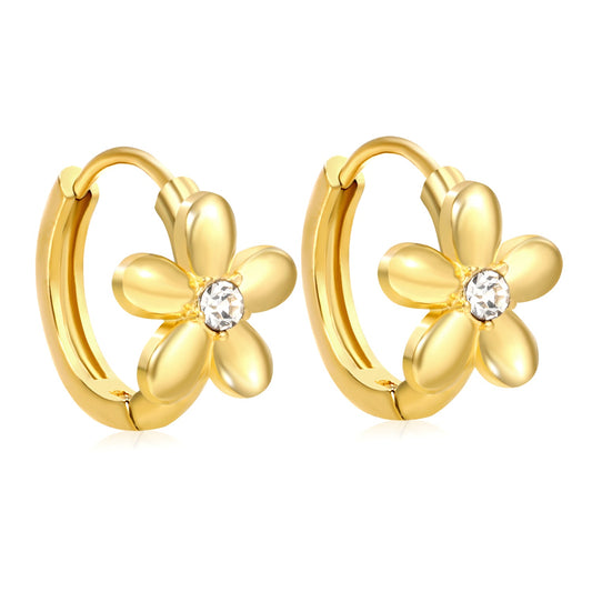 10mm flower-shaped white zirconia earring with a 2.2mm post and a 10mm inner diameter, gold color