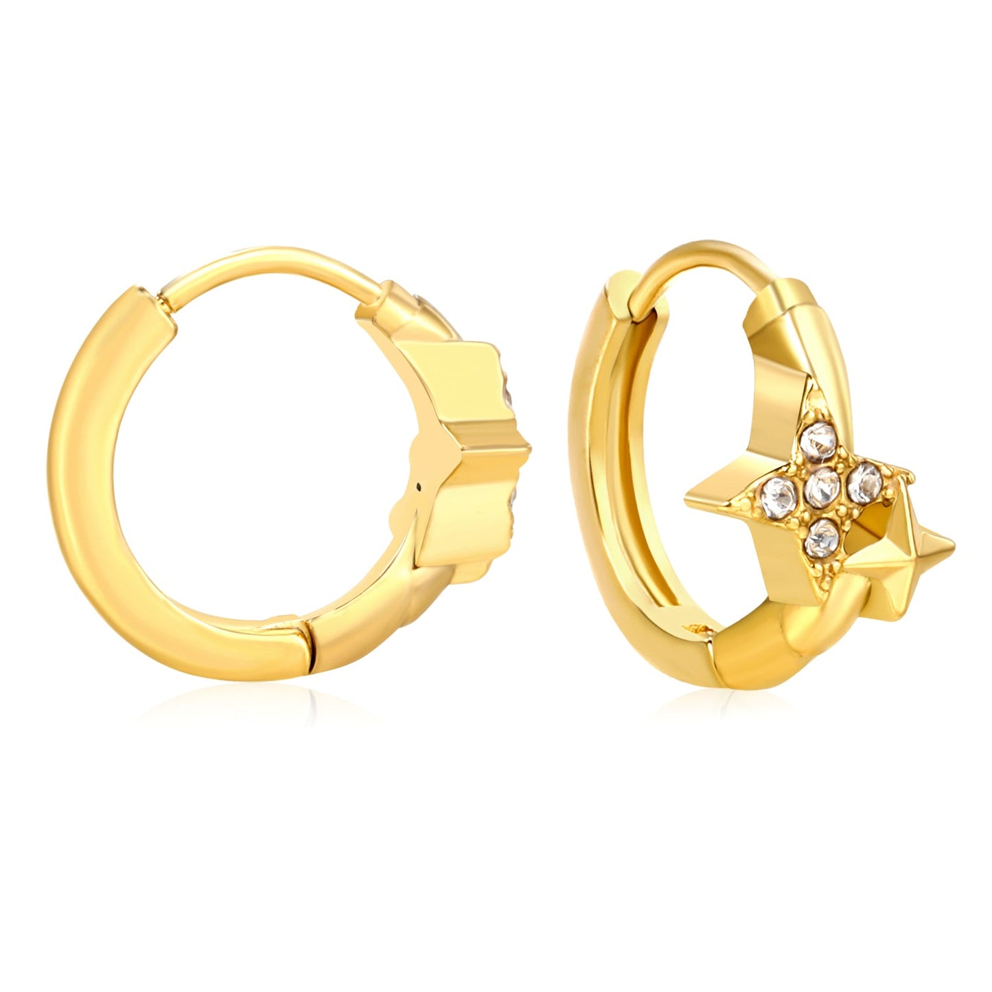 8 x 7.5mm four-pointed star imitation white Czech diamonds, earring posts 2.2 x inner diameter 10mm, gold-colored earrings