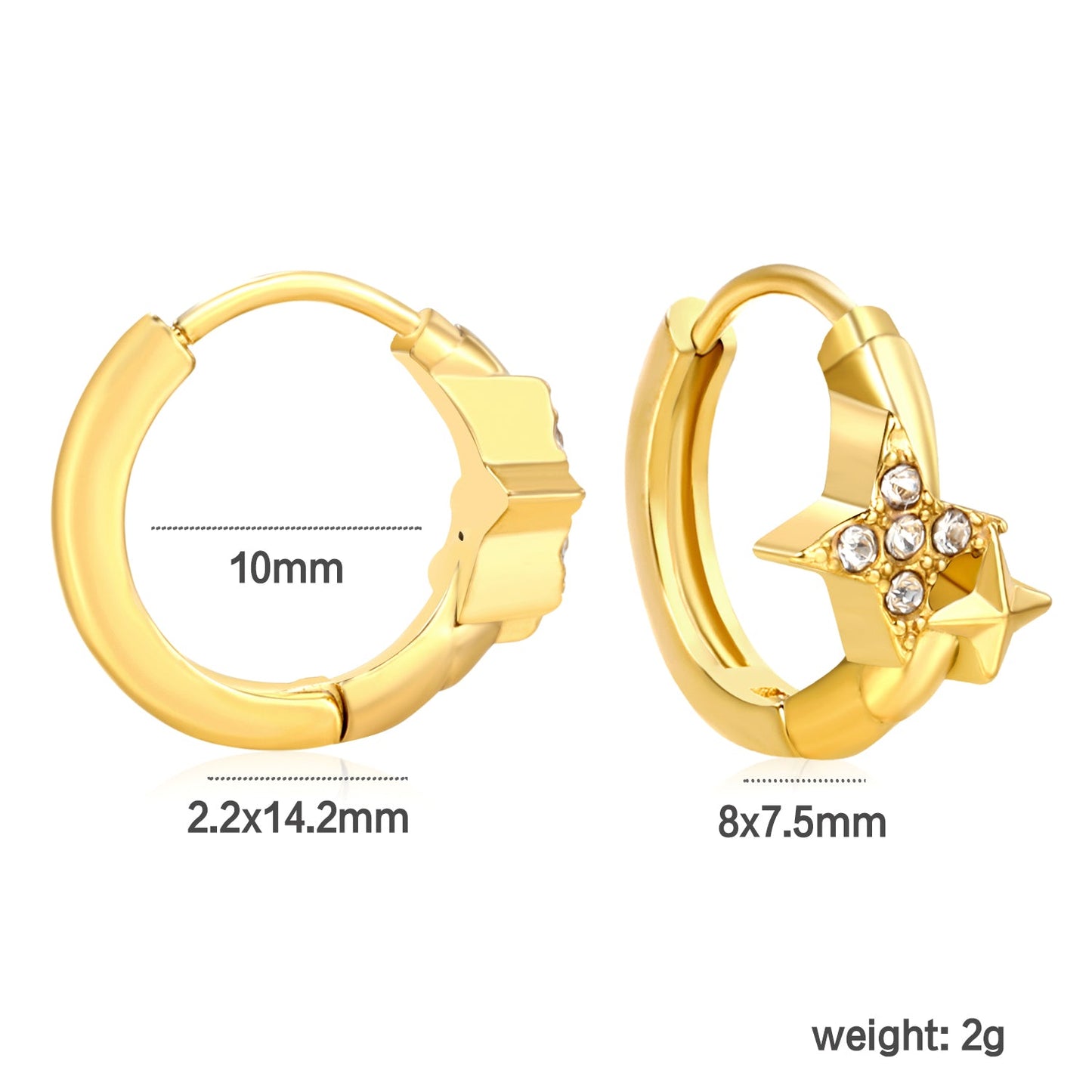 8 x 7.5mm four-pointed star imitation white Czech diamonds, earring posts 2.2 x inner diameter 10mm, gold-colored earrings