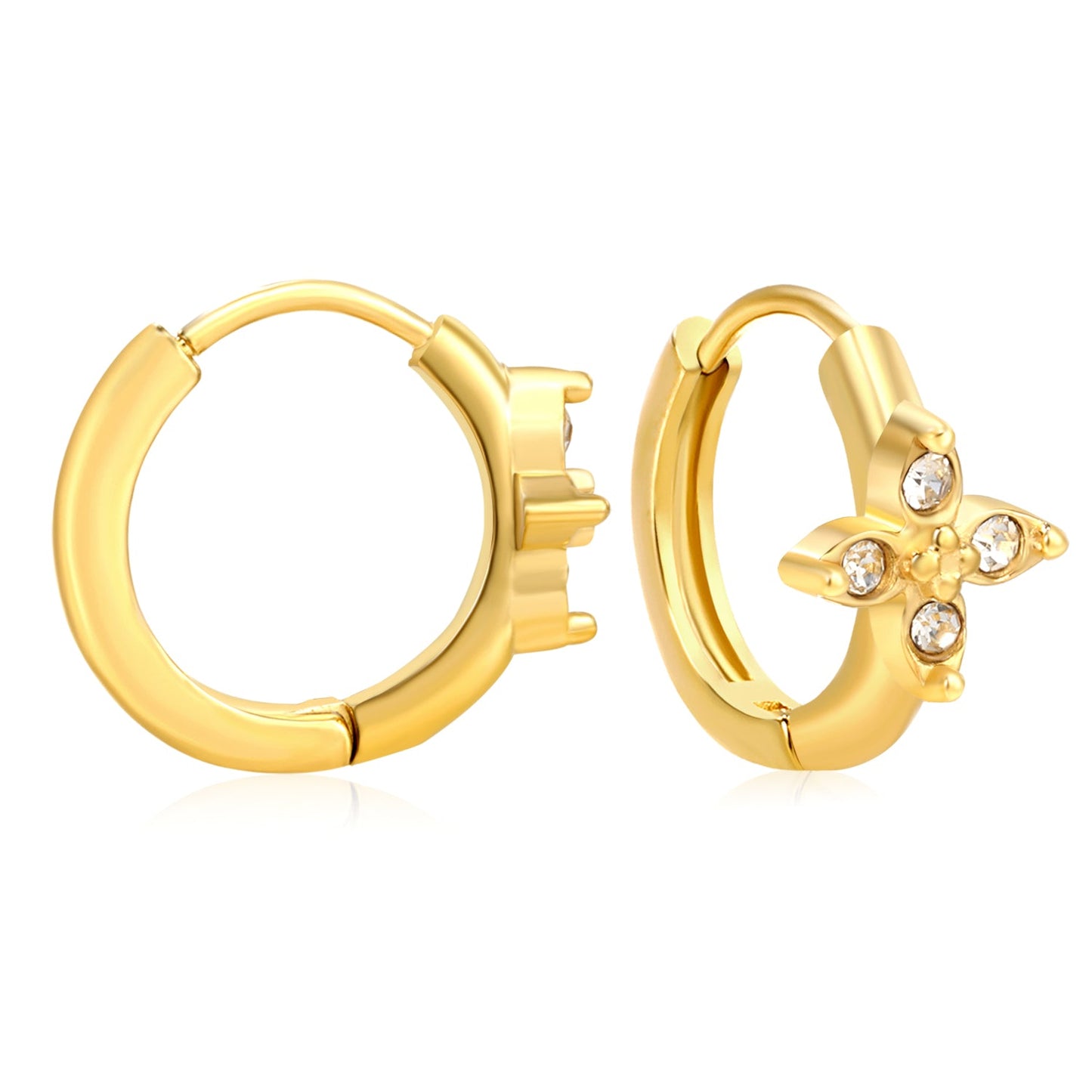 7.5 x 7.7mm cross flower with white zirconia, ear hook 2.2 x inner diameter 10mm, gold earrings