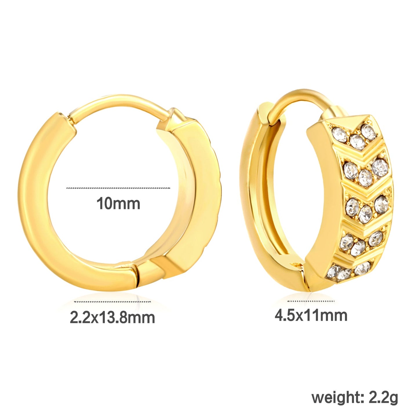 4.5 x 11mm hexagonal with imitation white Czech diamonds, earring hook 2.2 x inner diameter 10mm, gold-colored earrings