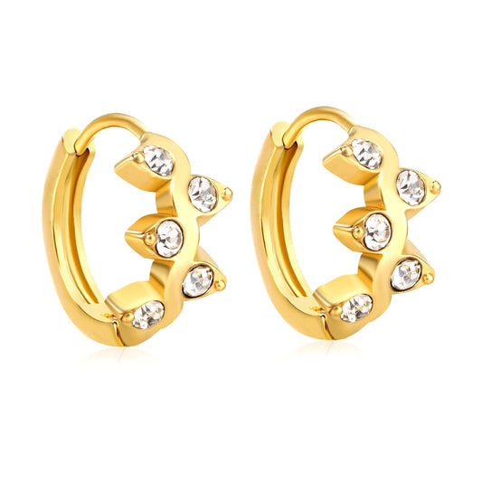 6.8 x 10.6mm vine-shaped white Czech crystal stud earrings with 2.2mm post and 10mm inner diameter, gold-plated