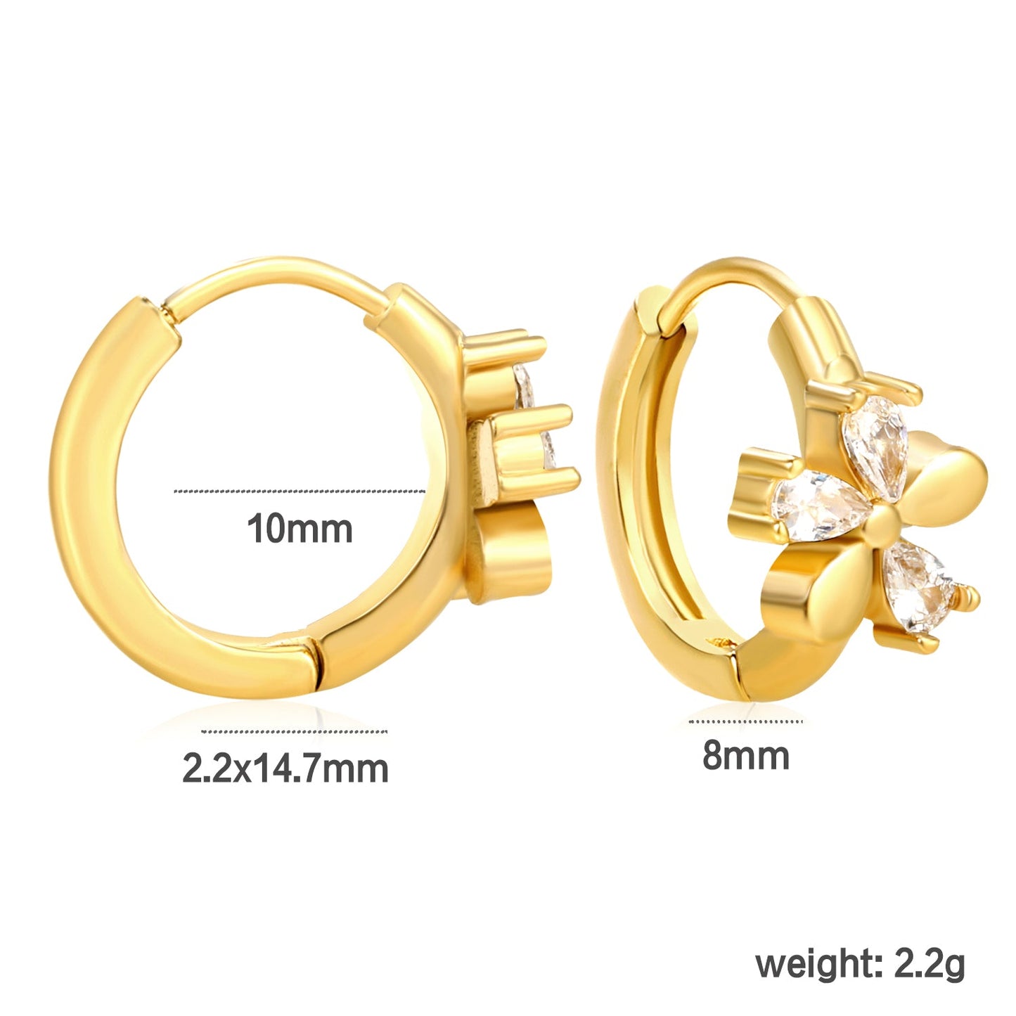 8mm flower-shaped earring with three white zirconia stones, 2.2mm post, and a 10mm inner diameter, gold color