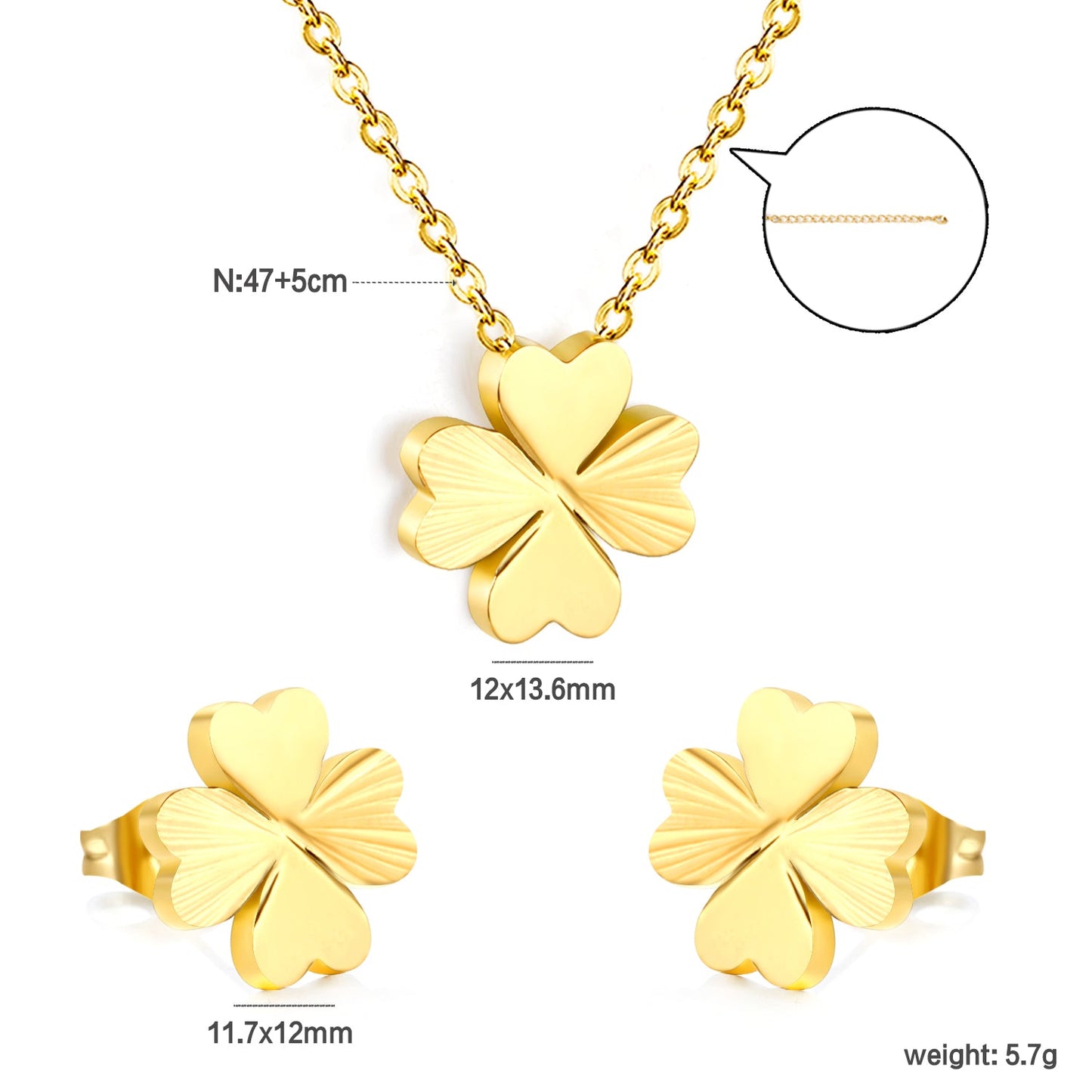 Four Leaf Clover Set Gold Earrings: 11.7*12mm Pendant: 12*13.6mm0.35 Cross Chain 40+5cm+10*2mm Square Plaque