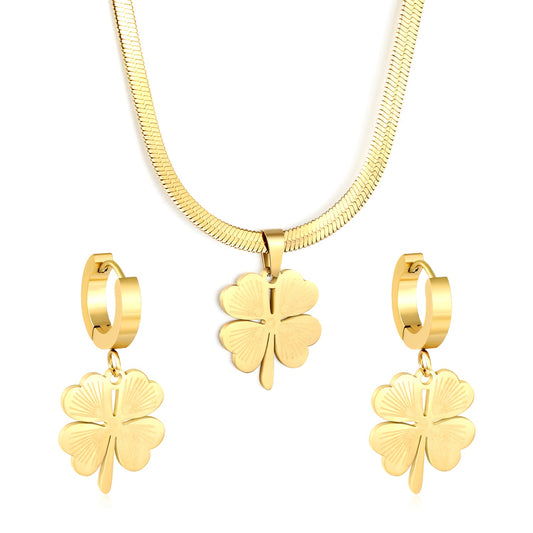 Four Leaf Clover Necklace Earring Set Gold Earrings: 15.8*18.3mm Pendant: 15.8*18.3mm3.2 Push Dense Chain 40+5cm+6mm Round Tail Plaque