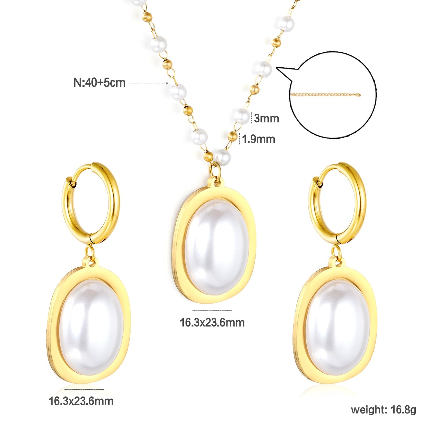 Pearl Necklace Earrings Set Gold Earrings: 16.3*23.6mm Pendant: 16.3*23.6mm 3mm Pearl + 1.9mm Steel Bead Chain 40+5cm+6mm Round Tail Plaque