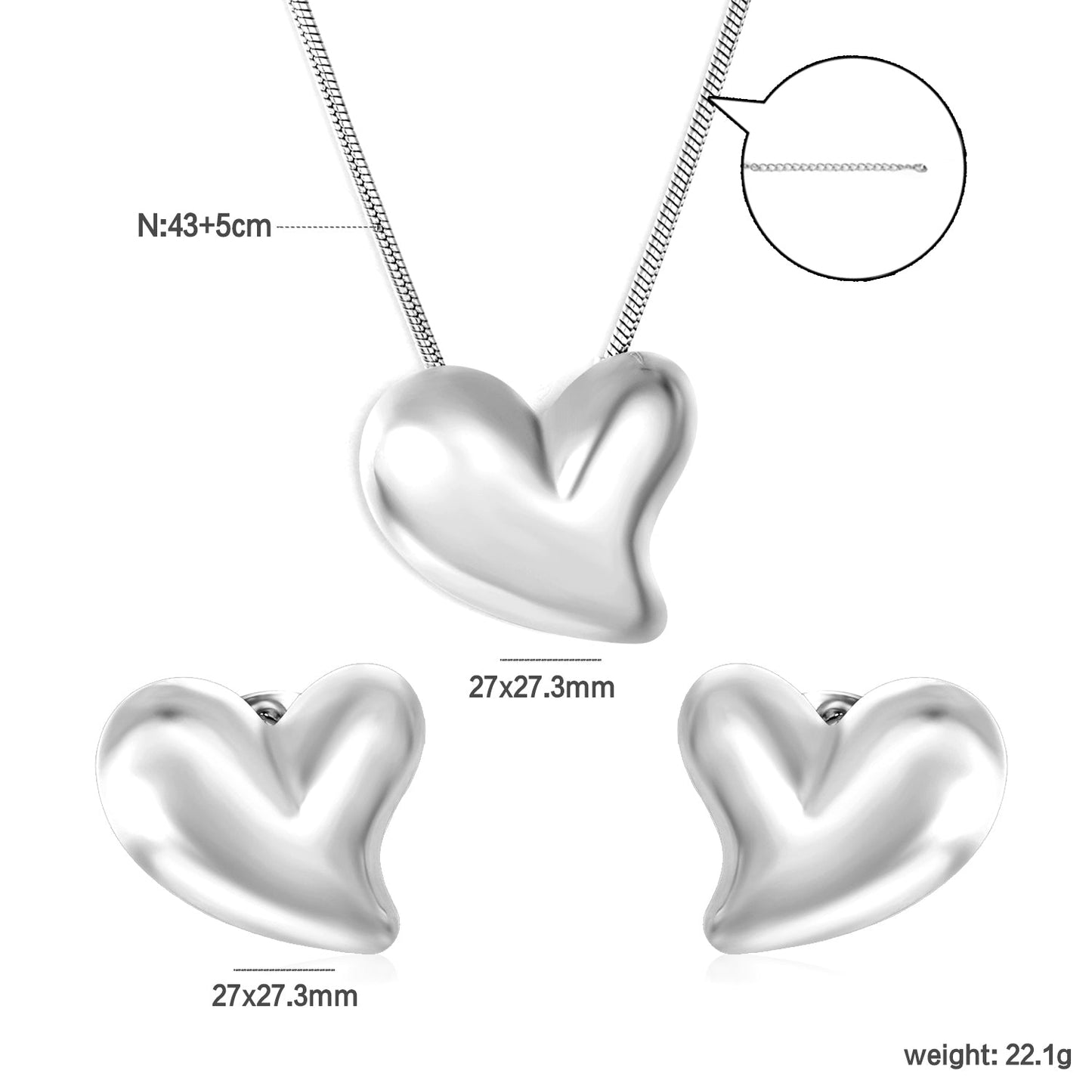 Love Set Steel/Gold/Mixed Earrings: 27*27.3mm Pendant: 27*27.3mm 1.6 Round Snake Chain 43+5cm+6mm Round Tail Tag