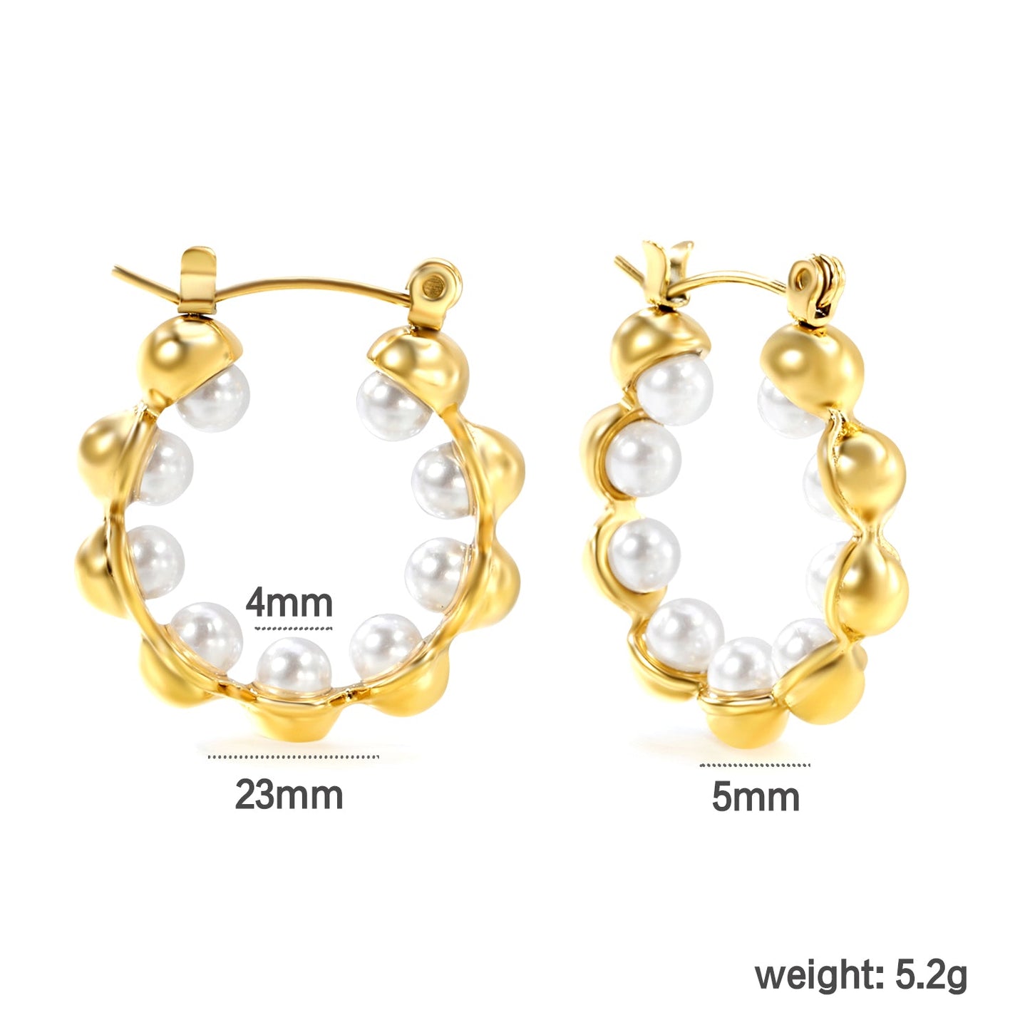 23mm wide + with 4mm imitation white pearl earrings gold color