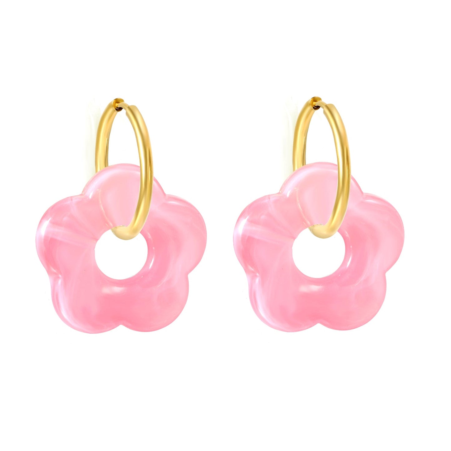 2*18mm I.D. Earrings + 27mm White/Red/Blue/Yellow/Coffee/Pink/Peacock Blue/Peacock Green Resin Flower Earrings Gold Color