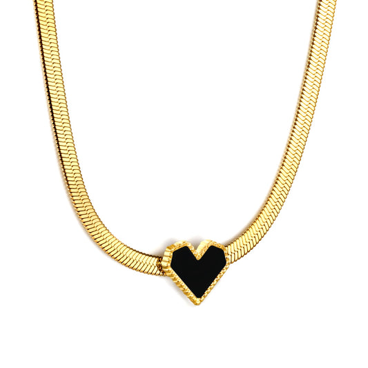 11.5 x 10.6mm Black Heart Pendant 3.3mm Blade Chain 40+5cm x 3mm Round Tag Necklace Gold