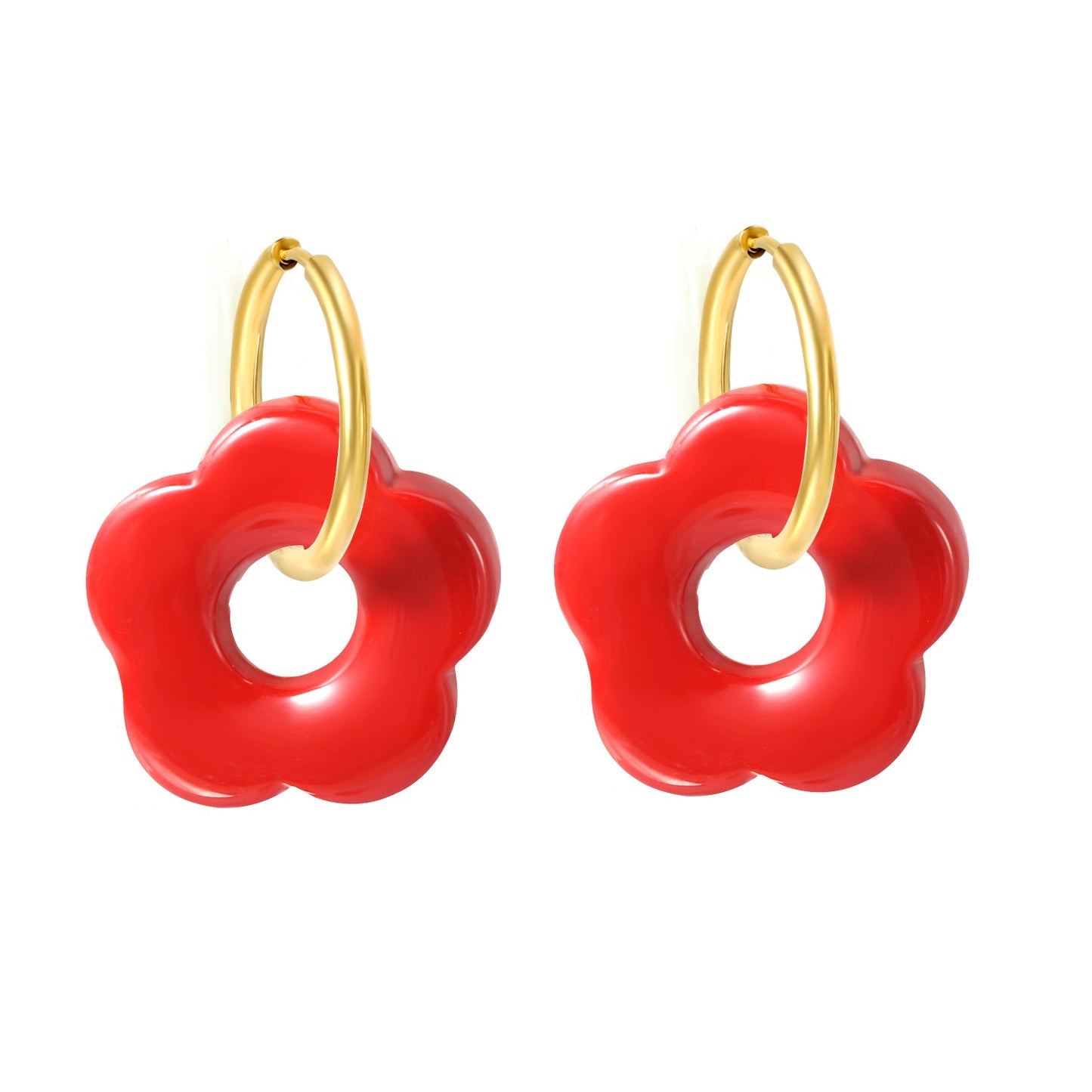 2*18mm I.D. Earrings + 27mm White/Red/Blue/Yellow/Coffee/Pink/Peacock Blue/Peacock Green Resin Flower Earrings Gold Color