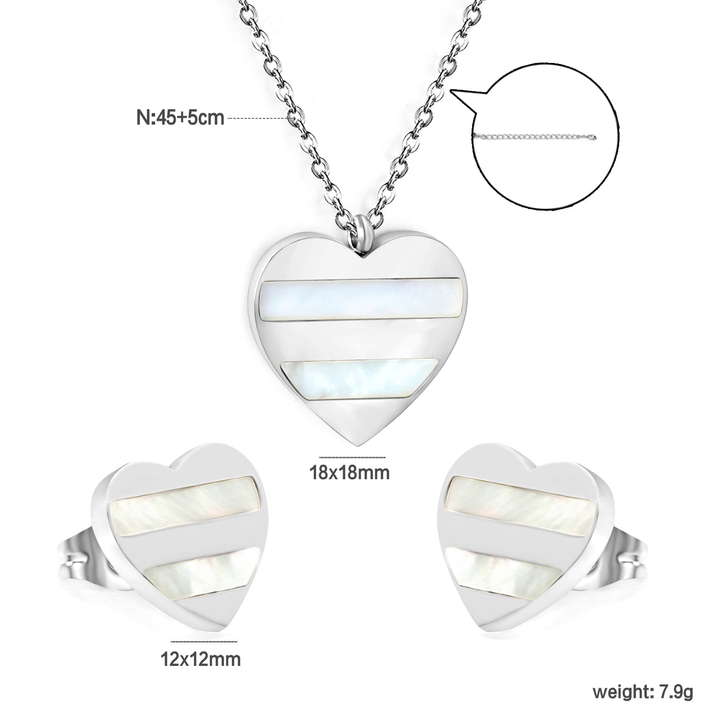 Heart Shape Sticky White Shell Set Steel/Gold Earrings:12*12mm Pendant:18*18mm 04Cross45+5cm+6mm Round Plaque