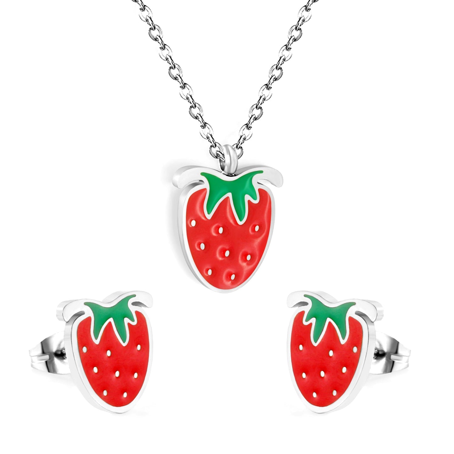 ???Strawberry with red oil drip accessories Set Steel color/golden 0.3 cross 40+5+6mm round plate Pendant: 10.7*13.5mm Earrings: 9*10mm
