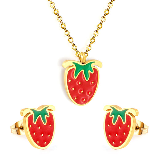 ???Strawberry with red oil drip accessories Set Steel color/golden 0.3 cross 40+5+6mm round plate Pendant: 10.7*13.5mm Earrings: 9*10mm