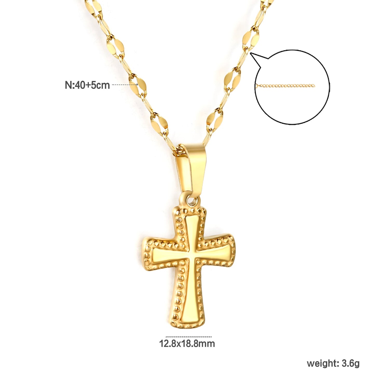 12.8x18.8mm cross pendant, 40cm lip chain + 5cm + 6mm round-shaped pendant, necklace, gold color