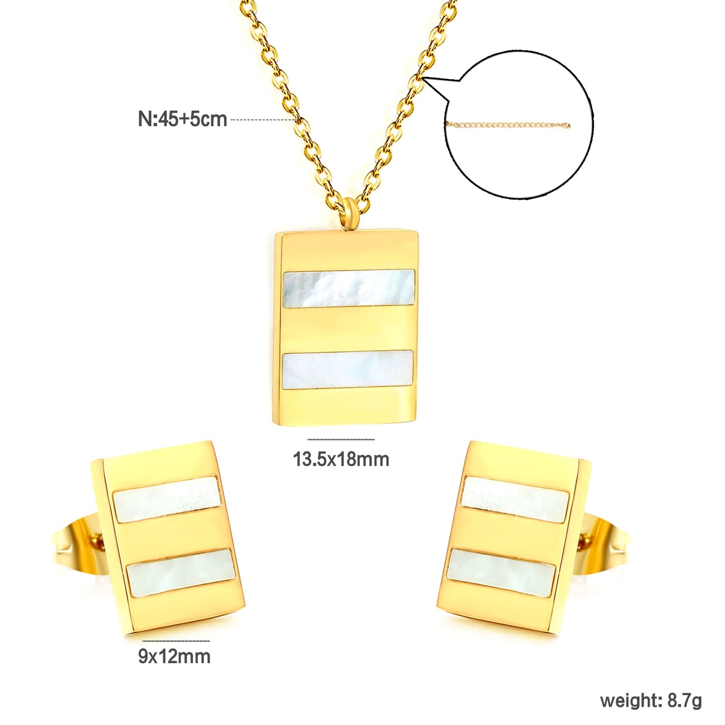Rectangle Sticky White Shell Set Steel/Gold Earrings:9*12mm Pendant:13.5*18mm 04 Cross 45+5cm+6mm Round Plaque