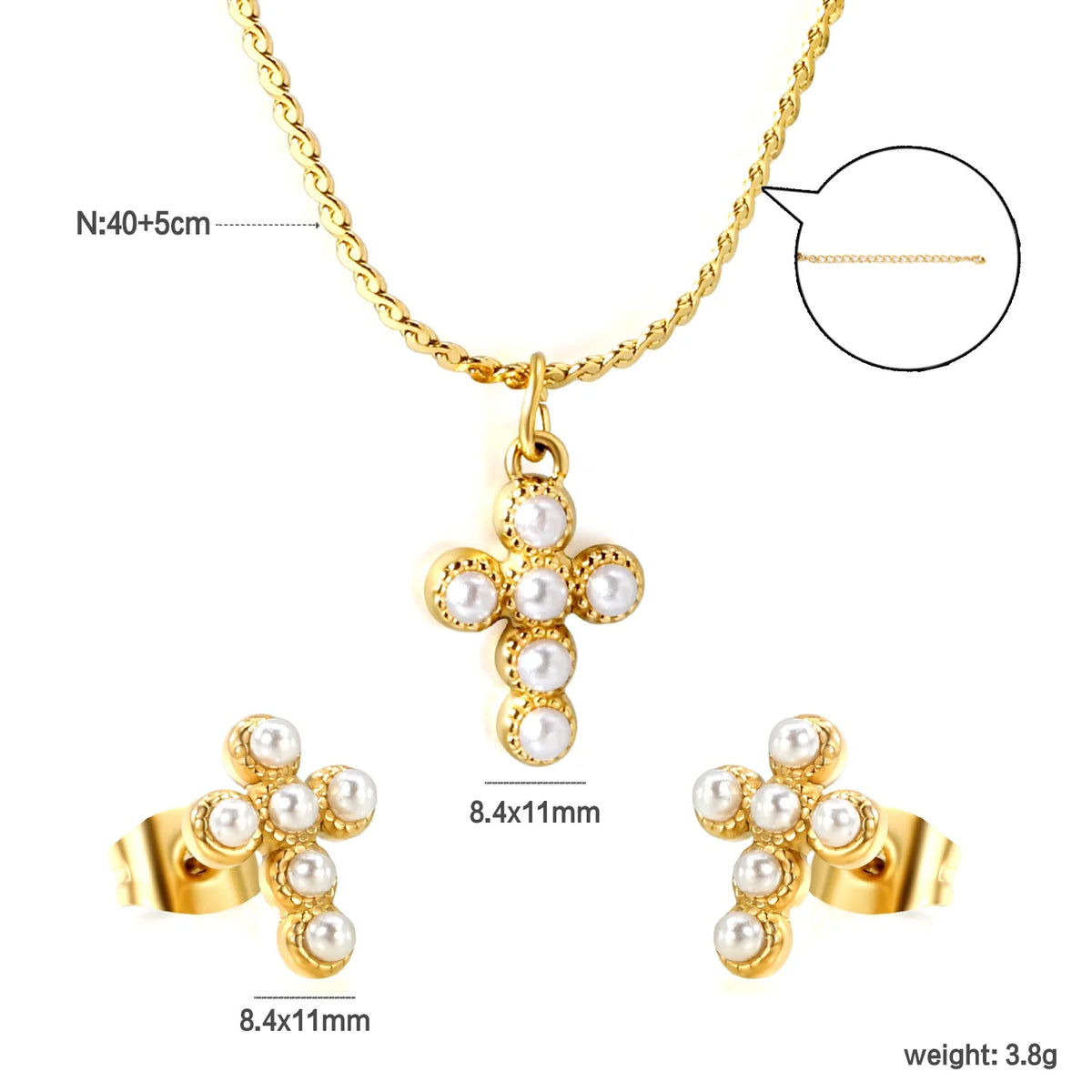 Conjunto de accesorios de imitación de perlas blancas con forma de cruz, color dorado, ancho de 1 mm, cadena S de 40+5+6 mm, placa redonda Colgante: 8,4*11 mm Pendientes: 8,4*11 mm
